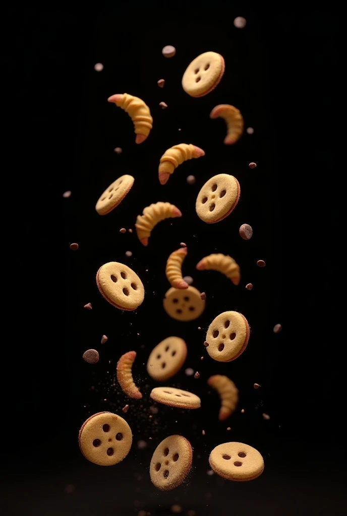 Cookies falling on a black background