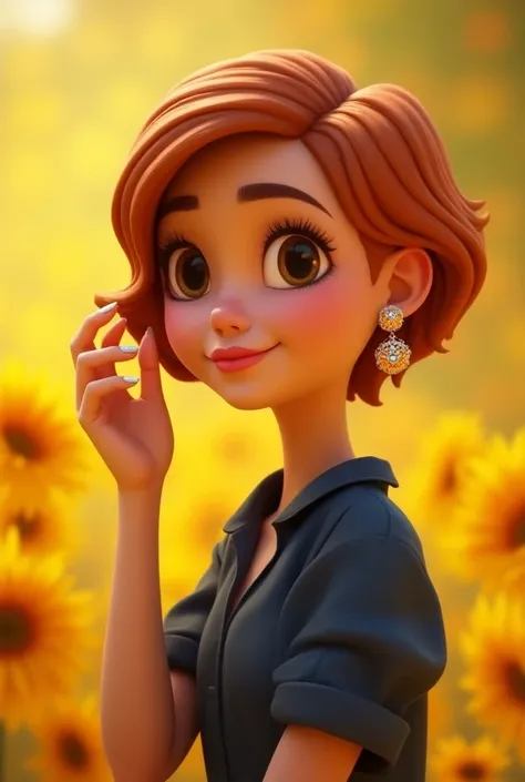 A Pixar-style 3D cartoon illustration with a mix of Disney styles. A woman with short orange-brown hair, silver sunflower earrings, and a dark blue blouse. She is showing off her nails painted with a sunflower pattern. The overall image has vibrant colors ...