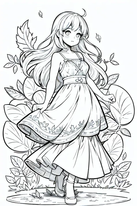 black and white, line art, no shading, full body, live2D character, long dishevelled hair, chubby, cute, dancing, small breasts, long dress, leafs, coloring book style, sketch,ink drawing, outlines