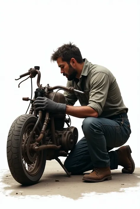 motorcycle mechanic, arrodillado,  dirty clothes with engine oil ,  on the floor a motorcycle engine. Simple background, white background, realism,  high fidelity photograph  