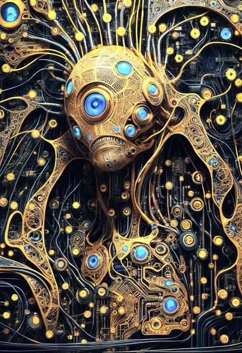 一幅     surrealism 的手绘数字插图展示了一个由无数彩色电线、A    surrealism hand-drawn digital illustration showing a humanoid figure intricately composed of circuit boards and mechanical parts。 The face is very similar to a human ，, but it is certainly true ， is wrapped around...