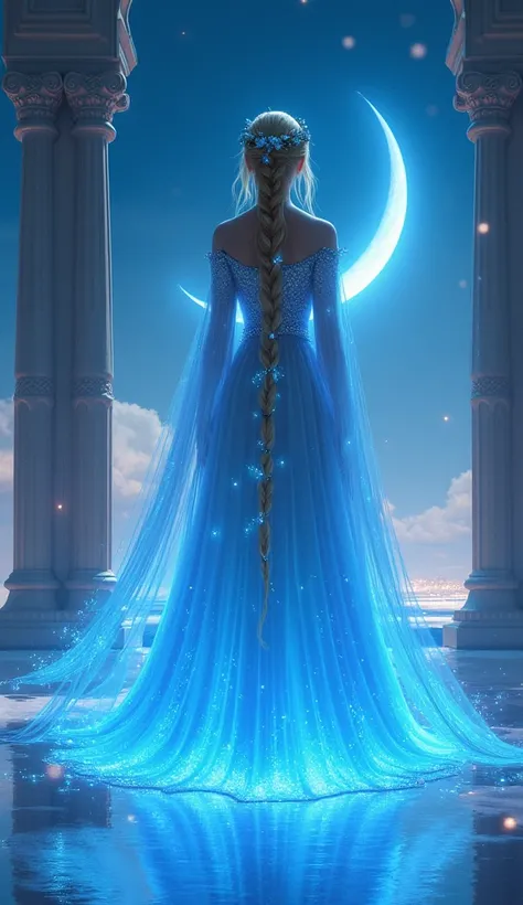 MagicaI night and white crescent moon, This painting depicts a stunning, ethereal scene that seems to blend fantasy and reality. One figure, probably female, with her back to the viewer, is adorned in an elegant blue glowing neon sparkles cloak dress with ...