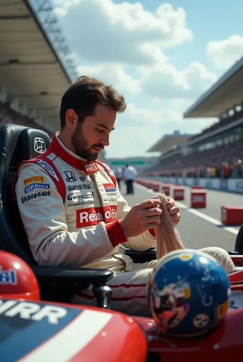 Un Pilote automobile fait du tricotin sur le circuit de Le Mans

