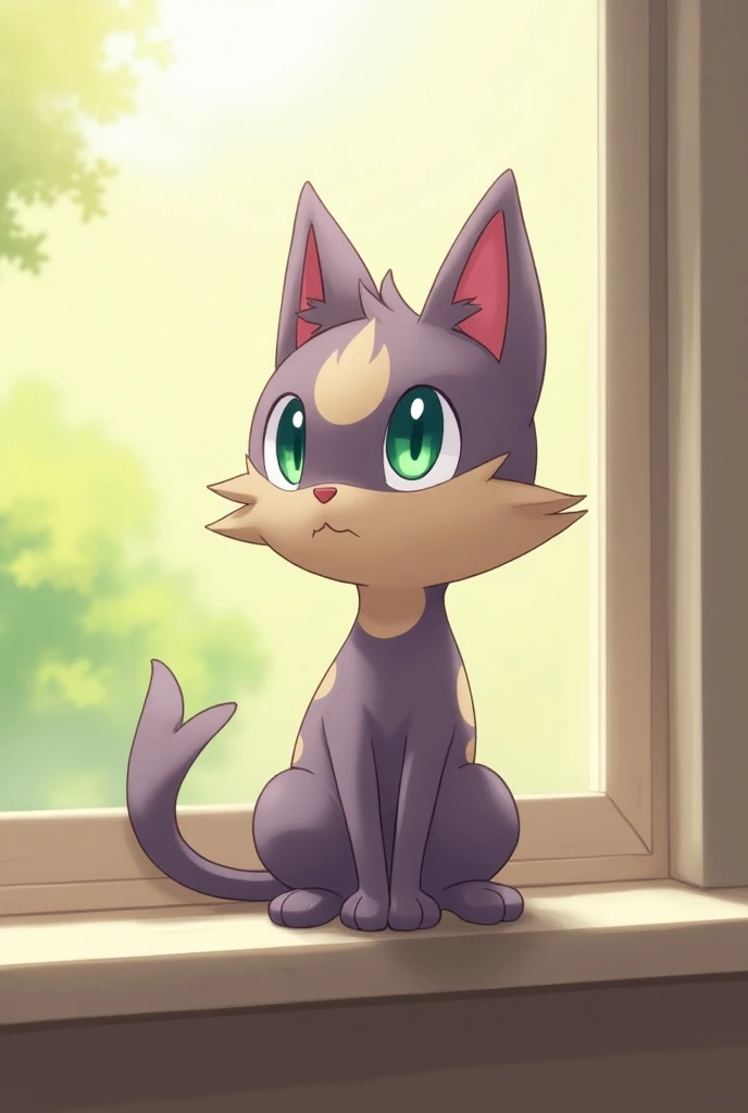  Felilou sits on a sunny window sill and looks out curiously .  The sun appears to run on its soft ,  gray coat and it has large , Glowing Eyes.  Felilou is a cat-like , narrow,  predominantly purple and beige Pokémon . It has a long tail ,  whose tip is h...