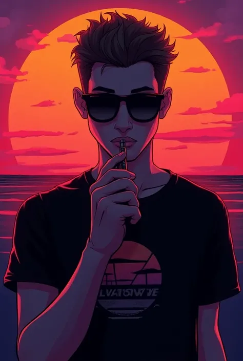  written man wearing black glasses and an electronic cigarette in front of the sunset, Vaporwave style, Neon style , smooth lines, Vector sticker art, , Intricate details,  Black t-shirt design that has Vaporwave , 8K