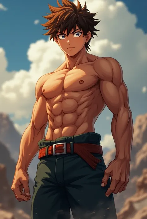 ​first work,   Better quality, 4K, anime boy, My Hero Academia, my hero.   Muscular and massive upper body, ombros largos,  tall and young teenage boy .  beautiful face,  brown hair.  Super strong villain .