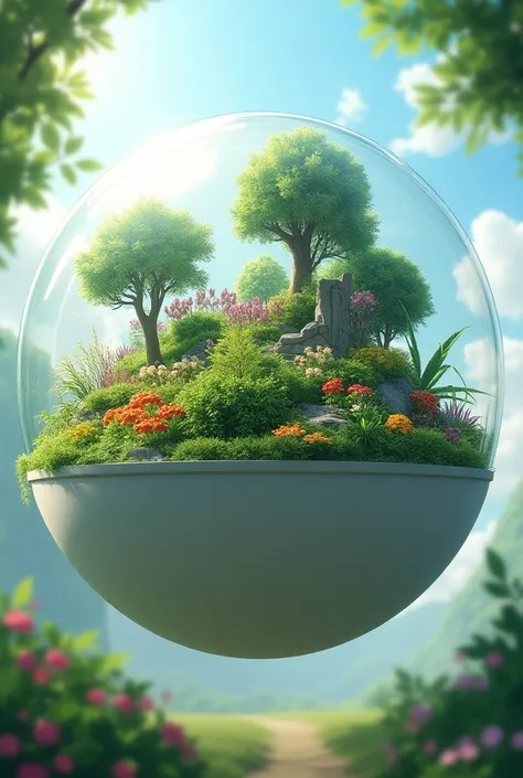 An art of a garden in a sphere  ,  with the middle part down white and the middle part from the top transparent , Like a Pokébola 