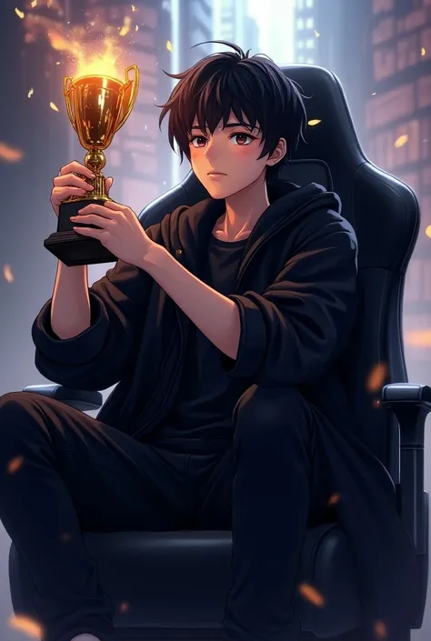 
a young man with detailed black hair, black eyes, wearing a black baggy coat and black pants, sitting on a gaming chair, holding a trophy, anime style, hyperrealistic, 8k, detailed, photorealistic, masterpiece, anime style, shadows, scenary, draw style, w...