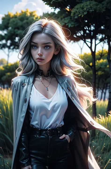 ultra realistic cyberpunk female woman wearing Age: .
Height: Around 1.55m, slender build.
Hair: Long, flowing silver hair with blue streaks, gently swaying in the wind.
Eyes: Deep blue eyes with an intense and slightly sad look, as if shes worried.
Skin: ...