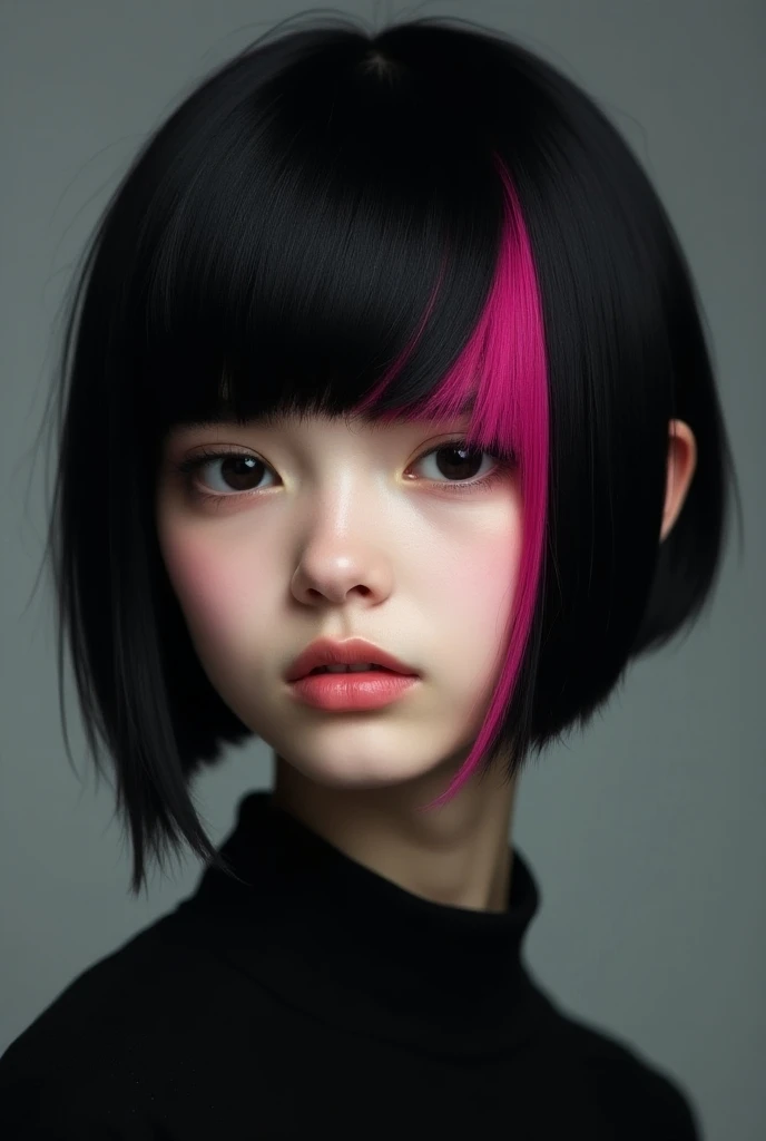 Girl with straight black hair, with half hair cut , a thin fuchsia tuft on the left front of the hair 