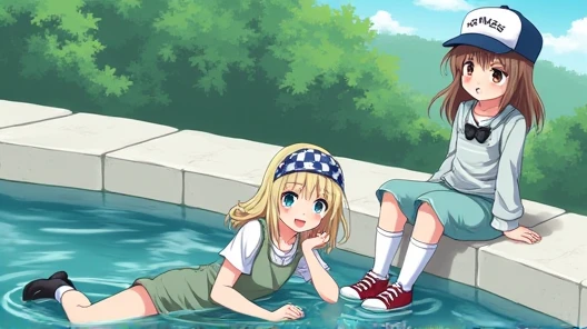 Anime 2 teenage girls, one sitting in springtime on white stone wall at the water, the other is falling in the water 
"lays in the river complaining at the other girl, with ashblonde shoulder long hair, blue white chequered hairband, light blue eyes, light...