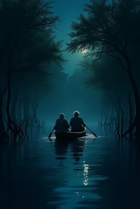 Two elderly people in a mangrove forest on a canoe at night
