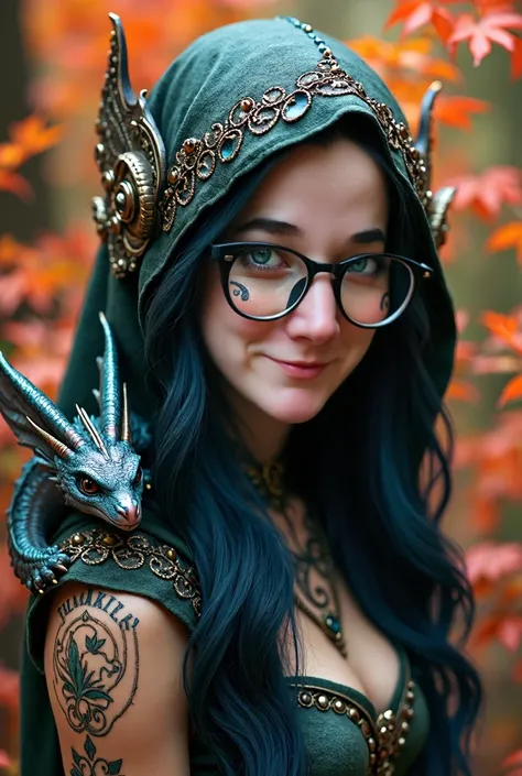 ((Masterpiece)), (((Highest quality))), ((Very detailed))), A happy smiling brunette woman with striking features and intricate body art in a forest setting. The figure has a round face, long  dark hair with hints of blue and wears an ornate hood adorned w...