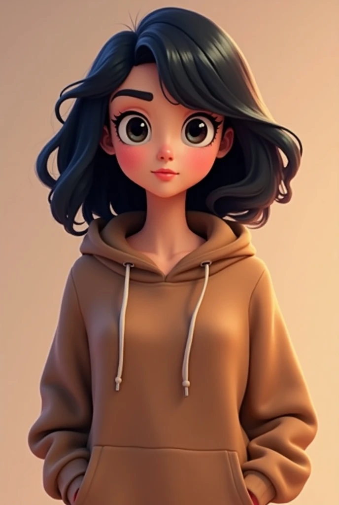 Podcast host animated hoodie dressed girl with wavy black hair and olive skin and black eyes version 2