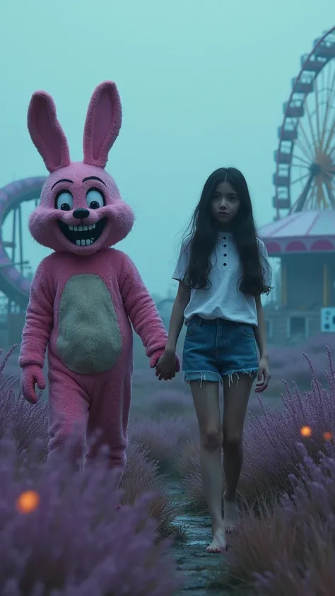 
A laughing, old, tattered, mascot costume pink rabbit with balloons and an expressionless teen bare-foot girl holding hands and looking at viewer in an very old, desolate, battered, broken amusement park(roller coaster, Ferris wheel, merry-go-round, free ...