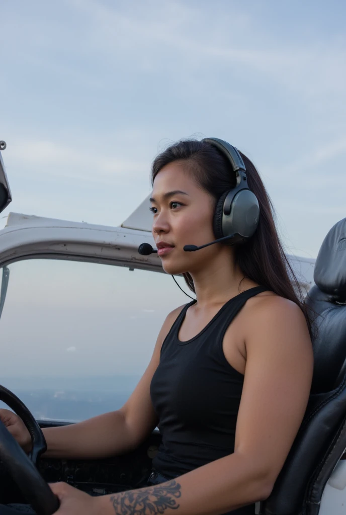 athletic beautiful mid thirties asian female wearing tank top piloting small aircraft. thick upper arms. Headset. Tattoos on upper arms. photograph