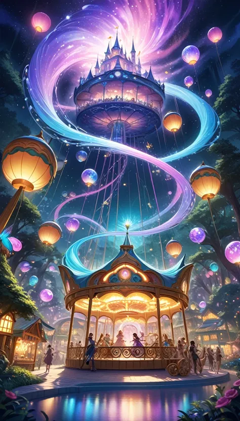 A fantastical amusement park scene set in a magical realm, Towering roller coasters twist through the sky, their tracks glowing with enchanted lights in hues of purple blue and gold, Massive Ferris wheels spin slowly, with each cabin shaped like glowing or...