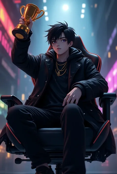 a young man with detailed black hair, black eyes, wearing a black baggy coat and black pants, sitting on a gaming chair, holding a trophy, anime style, hyperrealistic, 8k, detailed, photorealistic, masterpiece, anime style, shadows, scenary, draw style, wi...