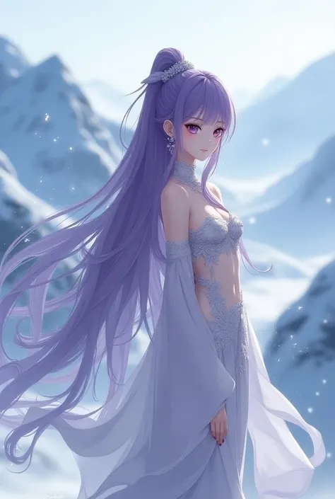 Hanfu costume,On a snowy mountain, Anime,Long hair, Purple hair,Purple eyes,
Thin silver black dress, See the chest, abdomen, 