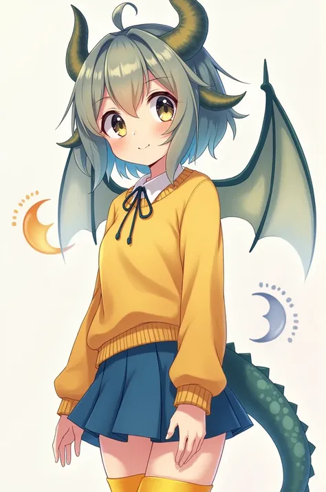 


A girl (anime)  aged 17. ,  is a girl with dragon horns and wings . 
 She has short hair with long locks  (by the ruby) 

She has a sweater / yellow blouse and a blue skirt and yellow long tights