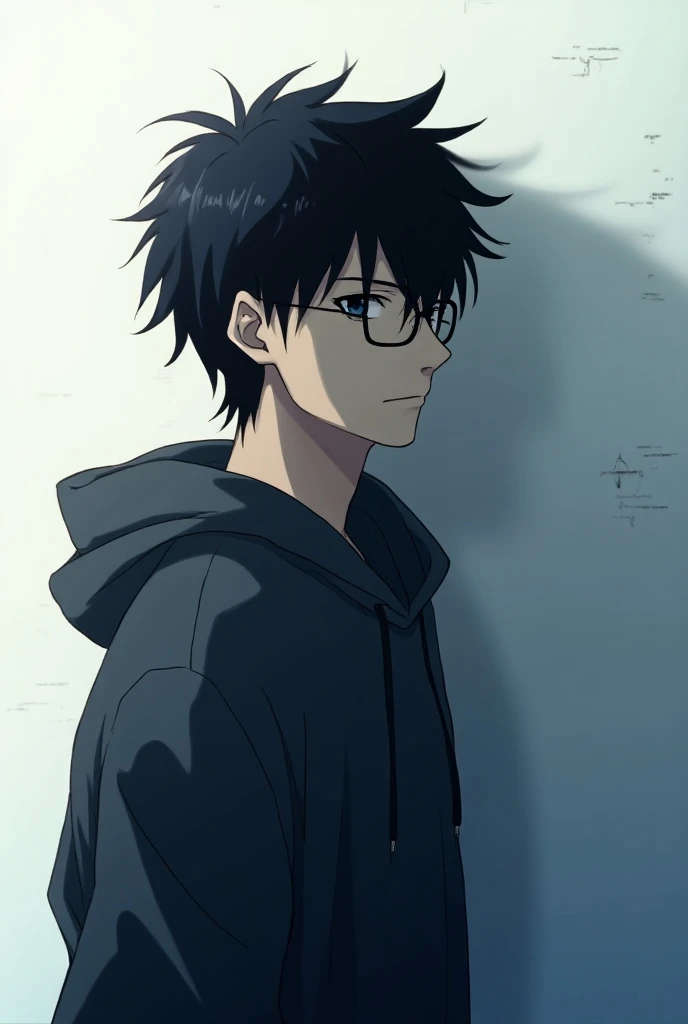  I want you to create a male anime character with small eyes , black hair, messy and long ,  slightly rounded glasses wearing a loose dark gray hoodie.  I want him to be tall and leaning against a wall , showing his face in profile in a bright place .  I a...