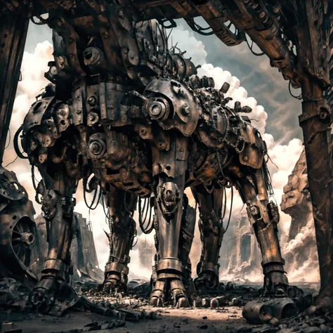  a huge steel machine ,  Complex and precise gear structure ,  steampunk style, steam,  Metallic luster , Strong light and shadow contrast , Rich details, Full of power, sci-fi futuristic ,  Huge shadows cast on the ground ,  Surrounding the ground {x} are...