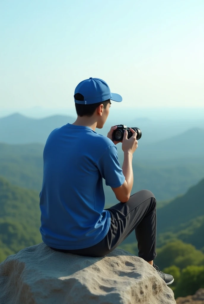 malay younger man wear a blue cap and take picture from hill and seat down at big rock. real 3d image . wear a blue sport shirt , tracksuit black. camera take picture from behind
