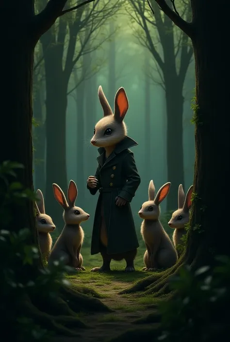 A cunning weasel in a trench coat stands in a dark forest, coordinating with a team of rabbits. They plot to outsmart local predators, utilizing tunnels and secret pathways to avoid detection.