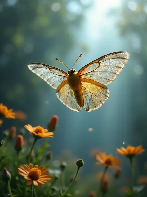 high quality,high details,(glass moth that is flying:1.1),(transparent:1.1),colourless,((suggestive background:1.5)),background with trees and flowers,