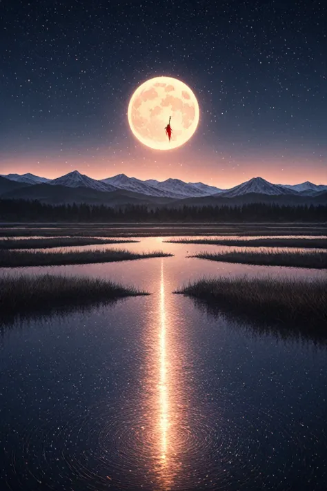 very starry night. a huge moon behind the mountain. a tranquil lake reflects the night. the sunset is accompanied by flying cran...