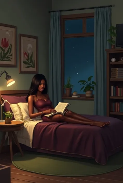 Straight-haired black woman reading book on her bed in her bedroom with wooden floor ornament plants and frames bed with burgundy and white comforter large window with night view bookcase green and brown carpet yellow lights television on the wall passing ...