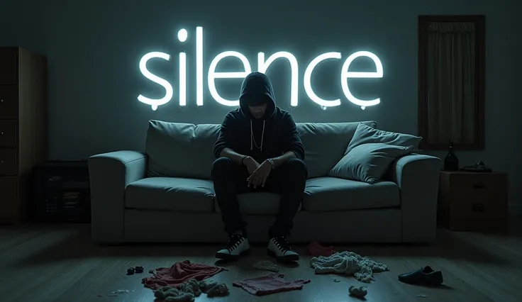  Rap album cover written  "Silence" in the image, Like a title . A pessoa in the image está segurando um cigarro, sitting on a sofa, with womens underwear thrown in the room.