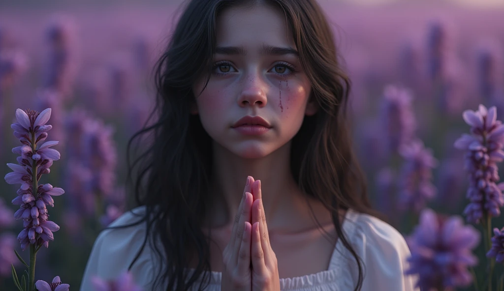 (photorealism:1.2), A beautiful 16yo american girl with a religious appearance, feeling sad while praying and elegantly wrapping around her hands in a prayer position, hands raised in worship, tears glistening on her cheeks in the middle of a dreamy Bleedi...