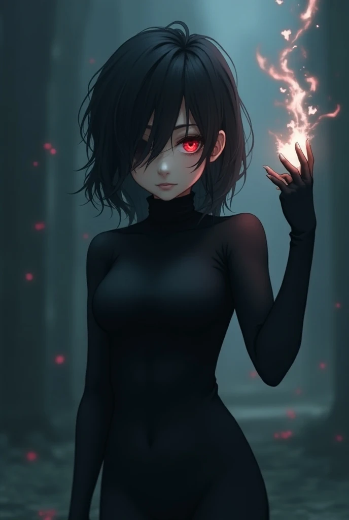 An anime girl wearing dark clothes and mysterious uses should be able to see half of it and she has bangs