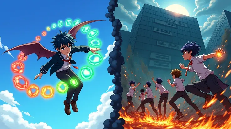 “Create a dynamic anime scene divided into two parts. On the left, a boy with dark blue hair dressed in a school uniform soars into the sky, flapping his dark, bat-like wings. Glowing magical orbs of red, green, and blue float above him, symbolizing his po...