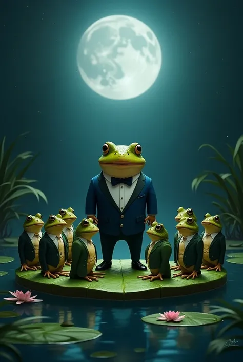 A group of frogs in tiny suits meet on a lily pad under moonlight, plotting to control the ponds territory. The leader, a large bullfrog, oversees the operation while his crew keeps an eye out for lurking herons.
