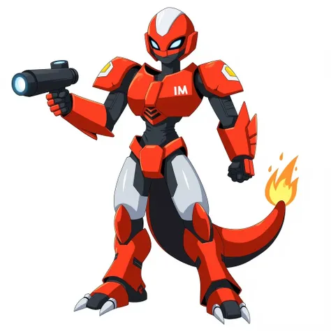 medabots, charmander pokemon, red and white, cannon armor, white background