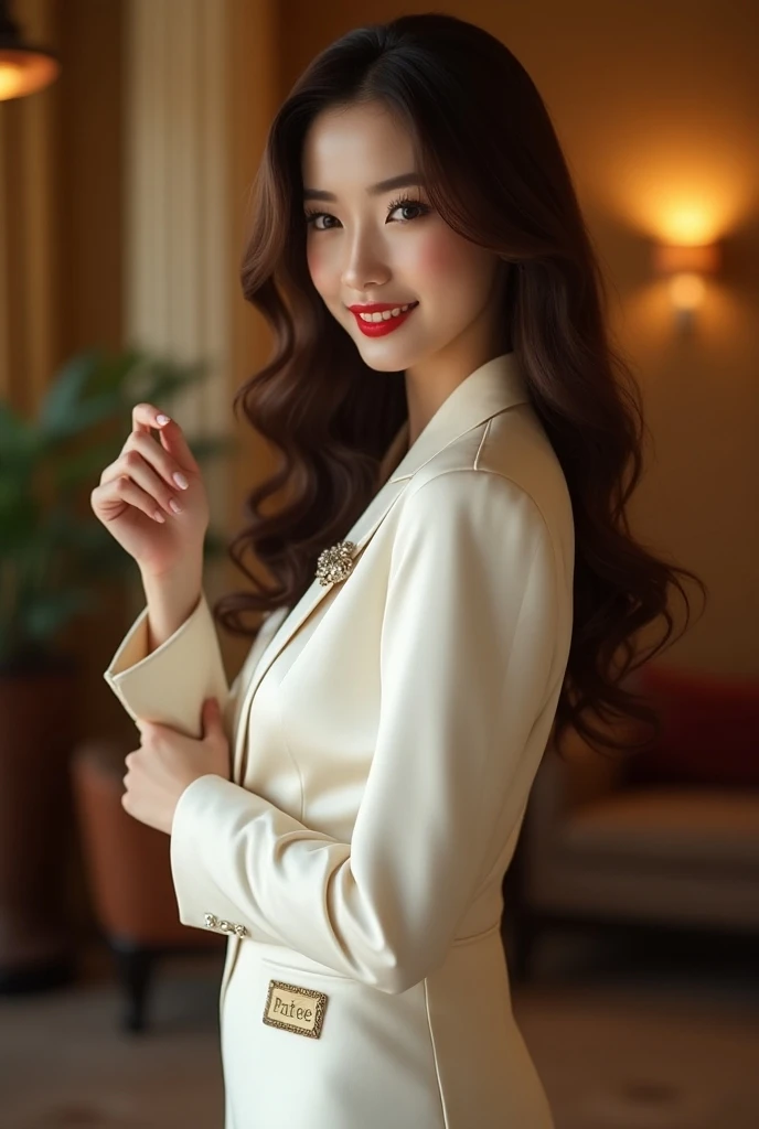 A full body shot of a very beautiful Asian girl, idol, long wavy brown hair, makeup with pearl red lipstick, clear facial skin, wearing clevage Thai silk ivory white suit, has a metal badge "PARDEE" put on left side of her dress.  She raised her right hand...