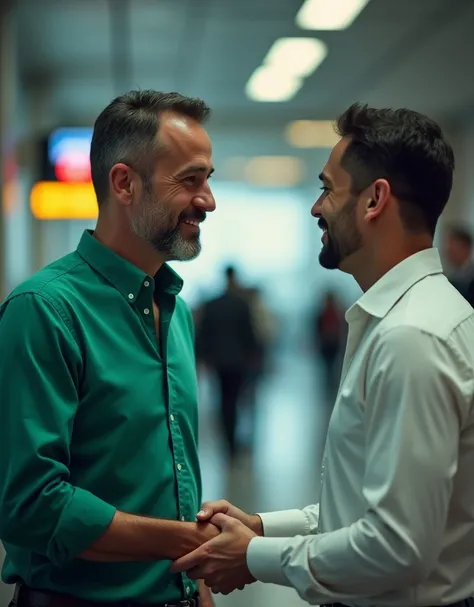 Two men waving a goodbye to his collegue  in airport one of them wearing a green shirt and another one white shirt cinematic