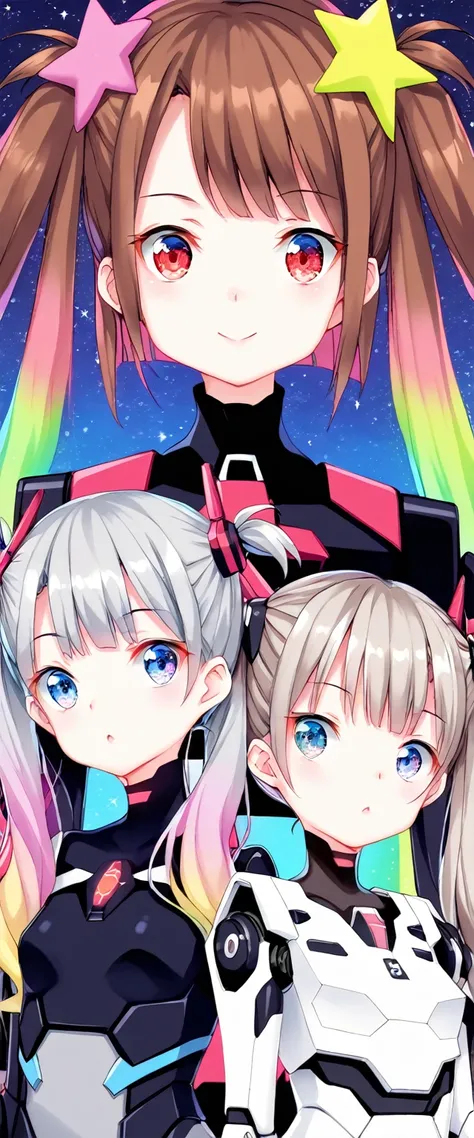  two girls,  1 person has brown hair and red eyes., Gray hair and blue eyes  ,  twin tails, Long Hair, White background ,  colorful pastel stars , Light, High image quality , Mecha Girl, Colorful portrait