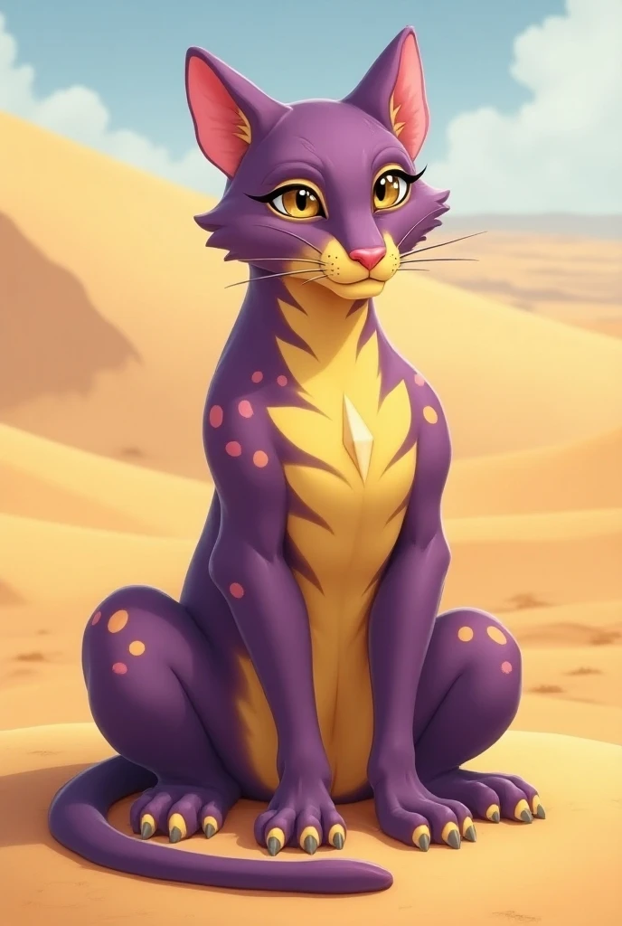 Cleoparda sits majestically in a desert,  surrounded by sand dunes .  His coat shines in the sun and he has a proud expression .  Cleoparda has a predatory cat-like physique .  It has a very graceful and curved body ,  which is mostly purple except for his...