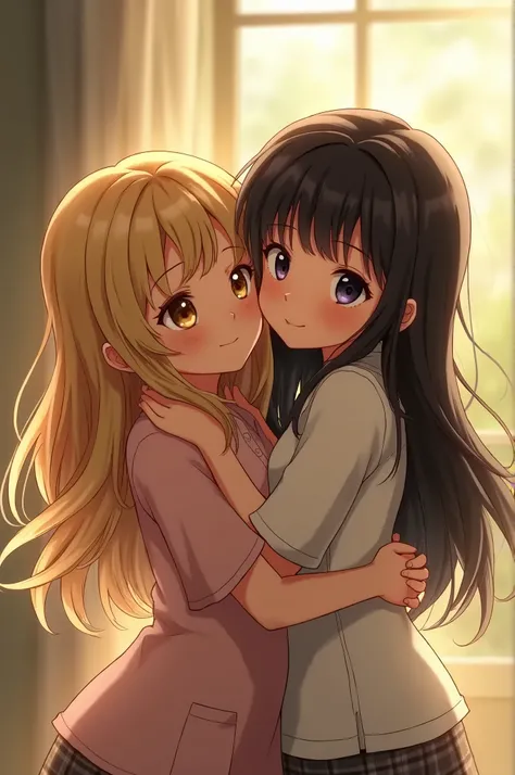 Blonde girl and black-haired girl hugging each other