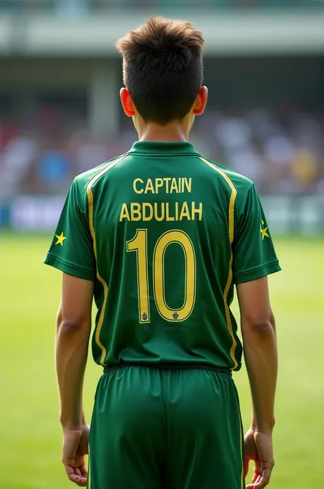 A boy his height is 6 feet and he wear Pakistan cricket Jersey and "Captain Abdullah 10" written on his back of shirt 