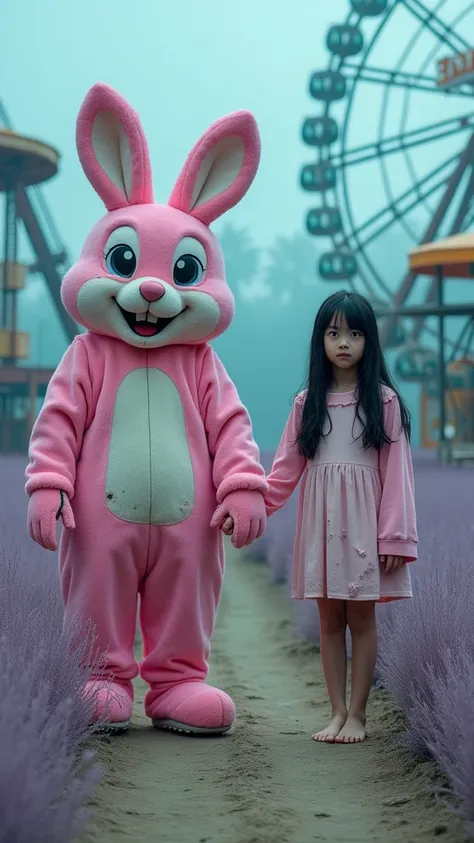 score_11, score_9_up, score_8_up, A laughing, old, tattered, mascot costume pink rabbit with balloons and an expressionless teen bare-foot Hermosa  adolescente japonesa holding hands and looking at viewer in an very old, desolate, battered, broken amusemen...