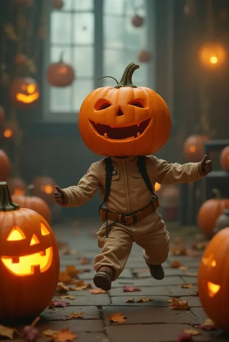 Pumpkinhead dancing through the air and Jack O Lantern 、 the cutest brown tiger pattern kitten in the world fighting in the guise of Ghostbusters、Realistic、Comical atmosphere、Cinematic lighting、The surrounding area is full of Halloween