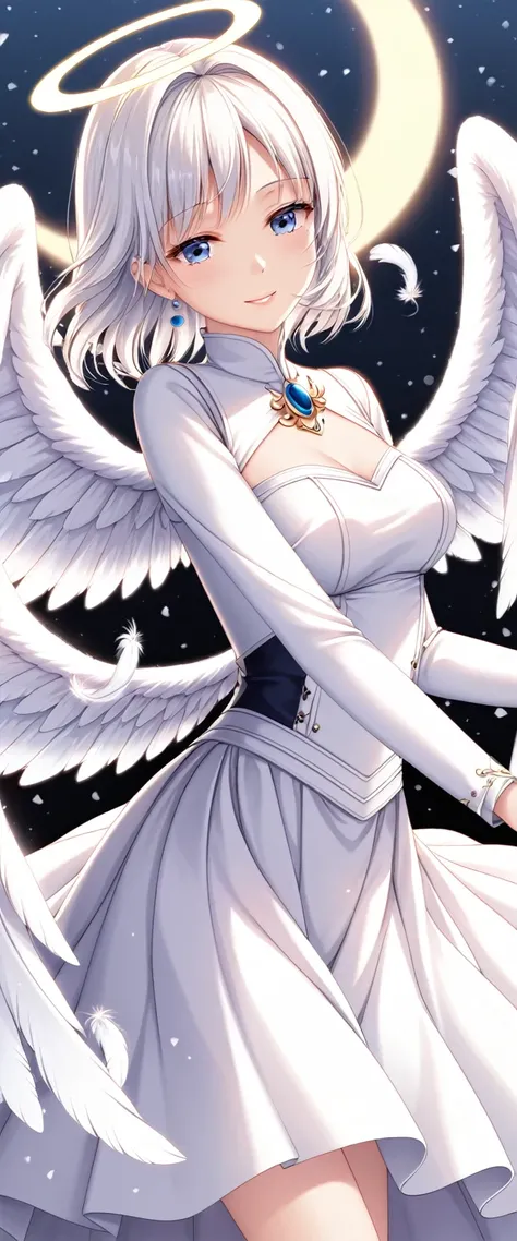 (Anime Art),(top-quality),(masterpiece),(4K Anime Style),Delicately painted face, 1 girl,((Alone)),( Transparent Female Angel ),( Beautiful and Exquisite Angel Wings ),Flapping,Wings Fluttering ,  Beautiful Detailed Blue Eyes Sitting on the Crescent Moon  ...