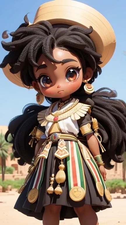 1 woman designed with stereotypical features of sudanese traditional culture and history, black skin, afro hair, super deformed small girl, very Cute and pretty girl,  very beautiful face、her countrys traditional costume, Outdoor、background is her countrys...