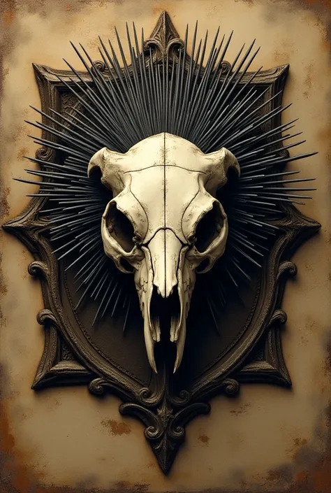 The logo of a porcupine skull in medieval style 