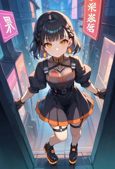 1 female, 25 years, perspective high angle, braid black hair, orange eyes, black dress, skirt, silencer pistol, platform shoes, big earrings, neck dragon tattoo, garter, detailed city background in the window, futuristc city, many skyscrapers, Tokyo, japan...