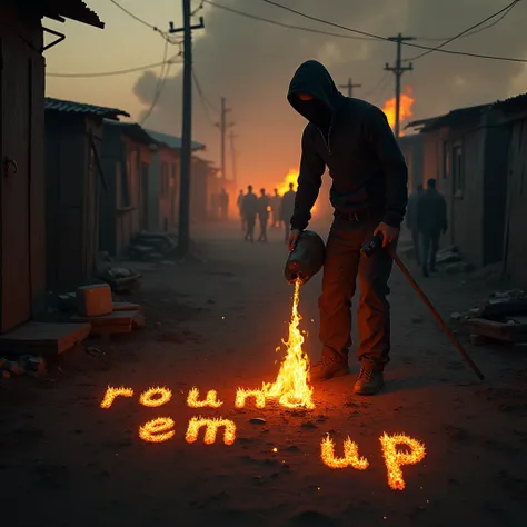 Pured petrol on the ground writing "Round Em Up" then lit it up in flames in south african village full of shacks 